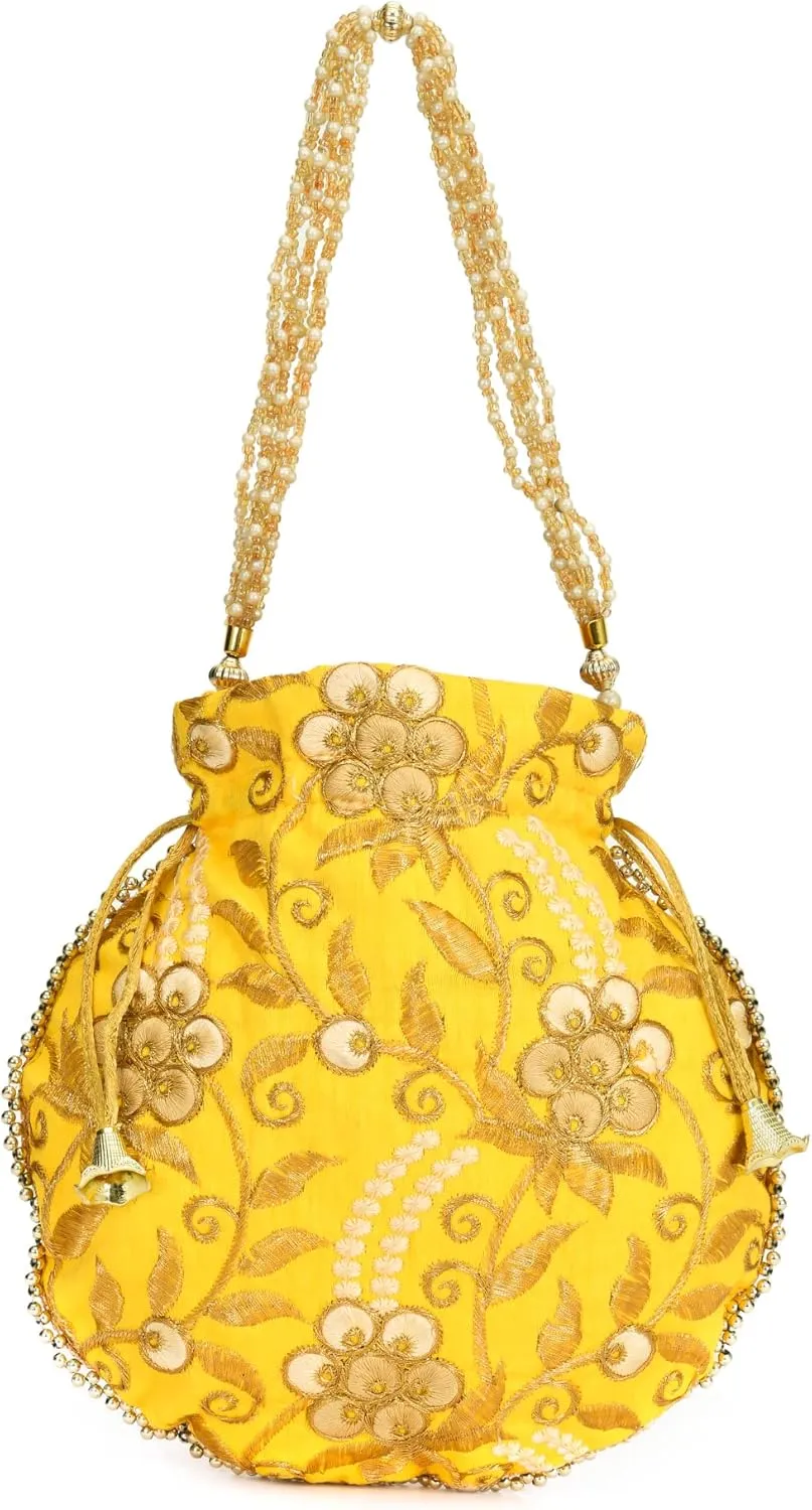 Potli Bag for Women Ethnic Gold, Pearl Handle Floral Accents, Drawstring Closure Pearls Handle Batwa Clutch Purse