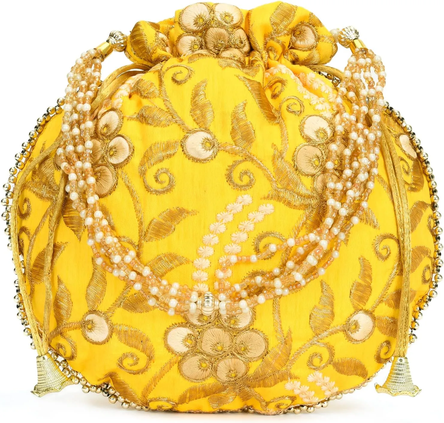 Potli Bag for Women Ethnic Gold, Pearl Handle Floral Accents, Drawstring Closure Pearls Handle Batwa Clutch Purse