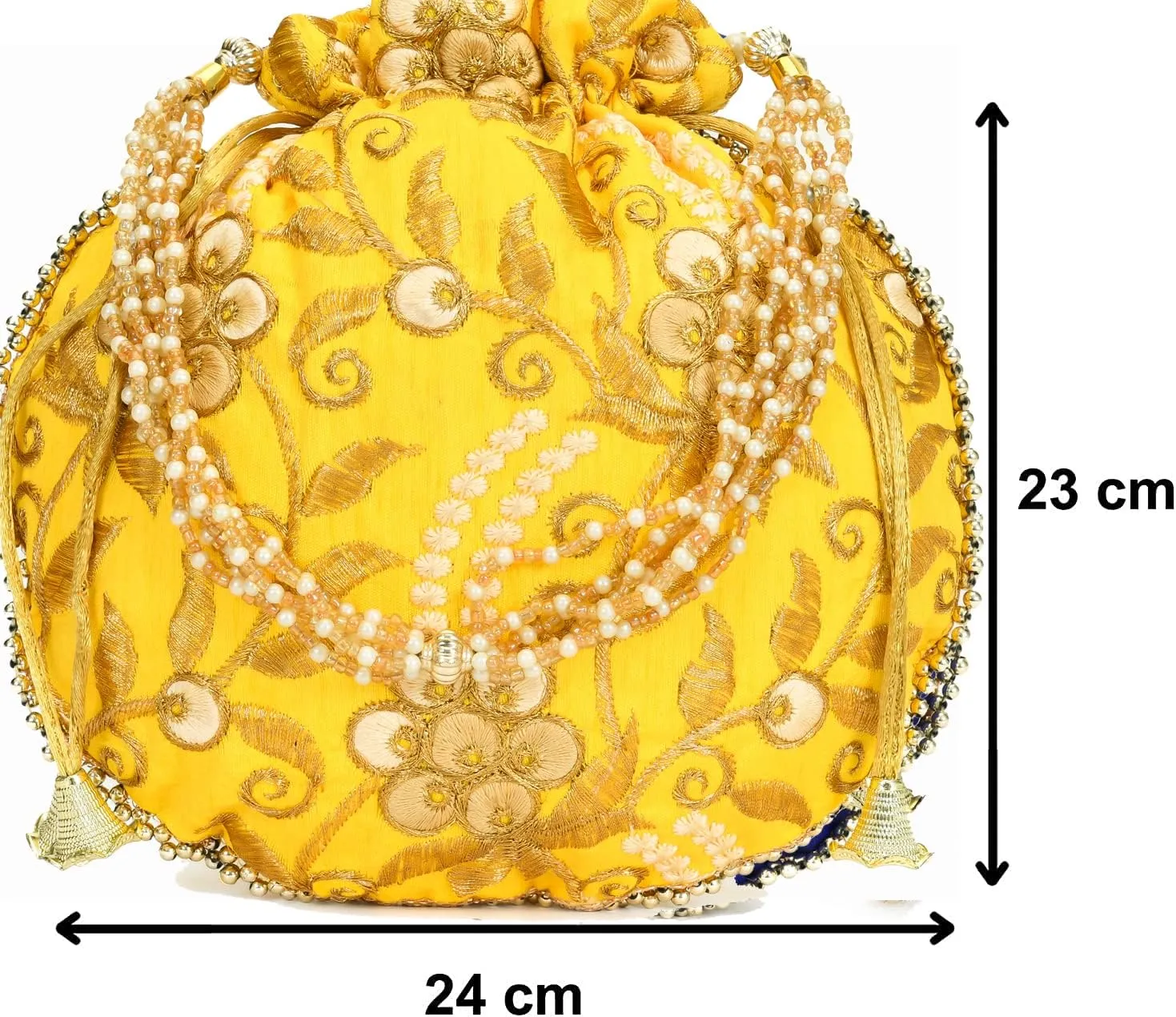 Potli Bag for Women Ethnic Gold, Pearl Handle Floral Accents, Drawstring Closure Pearls Handle Batwa Clutch Purse