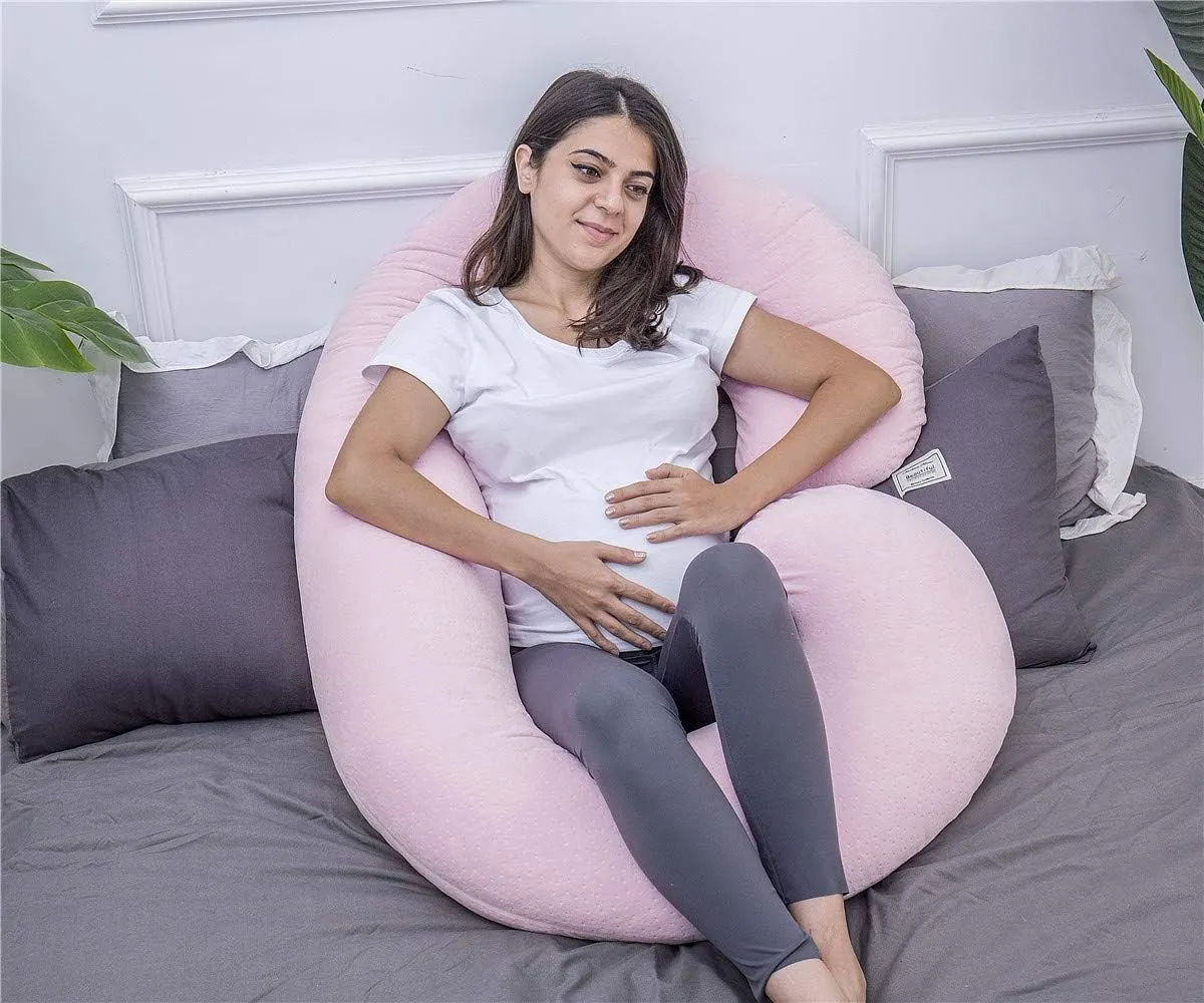 Pregnancy Pillow, C Shaped Body Pillow for Maternity Support, Pregnant Women Sleeping Pillow with Velour Cover (Light Pink)