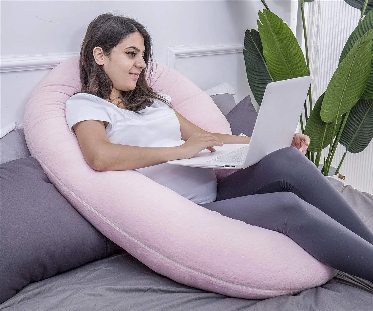 Pregnancy Pillow, C Shaped Body Pillow for Maternity Support, Pregnant Women Sleeping Pillow with Velour Cover (Light Pink)