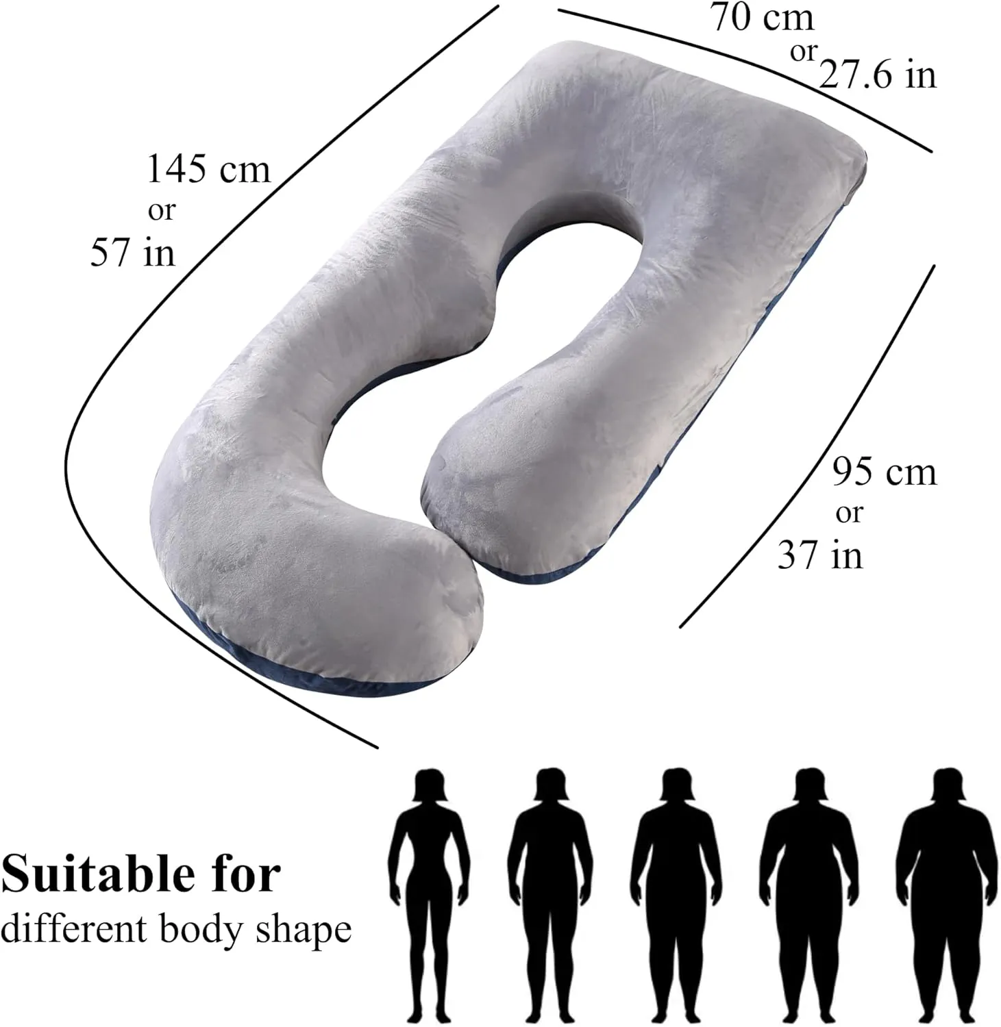 Pregnancy Pillow, Full Body Maternity Pillow 57 inch, with Removable Washable Cover - Sleep Support for Legs, Back, Neck, Shoulder, HIPS, Belly, Velvet Cover-Grey-Dark Blue