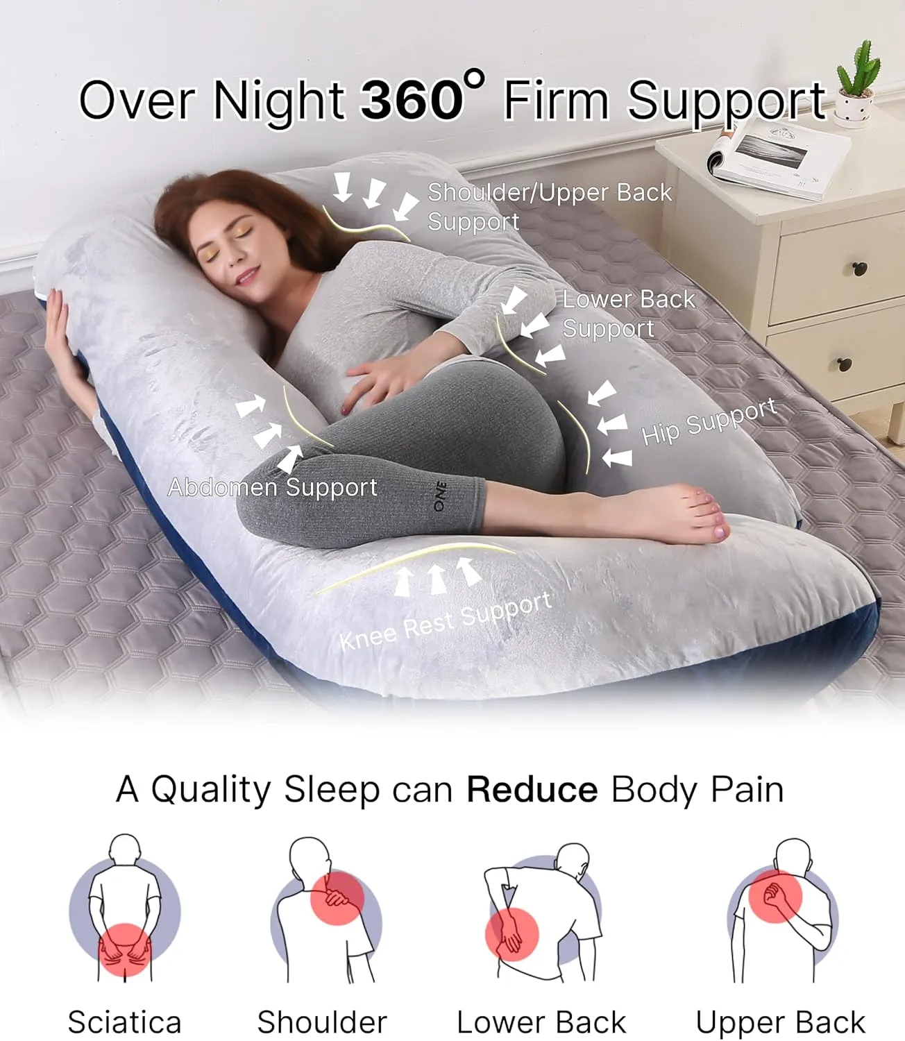 Pregnancy Pillow, Full Body Maternity Pillow 57 inch, with Removable Washable Cover - Sleep Support for Legs, Back, Neck, Shoulder, HIPS, Belly, Velvet Cover-Grey-Dark Blue