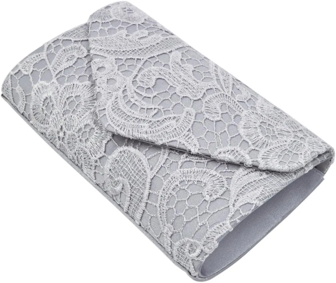 Premium Lace Paisley Floral Fabric Satin Envelope Flap Clutch Evening Bag