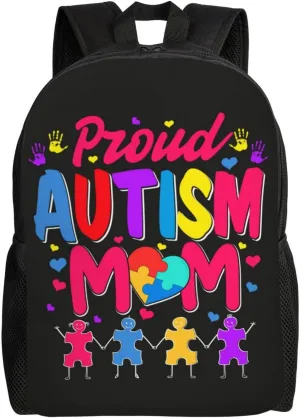 Proud Mom Autism Awareness Month Backpack for Women Men Worker Teacher Business Travel Backpacks Shoulders Bag Daypack Bookbag with Mesh Pockets