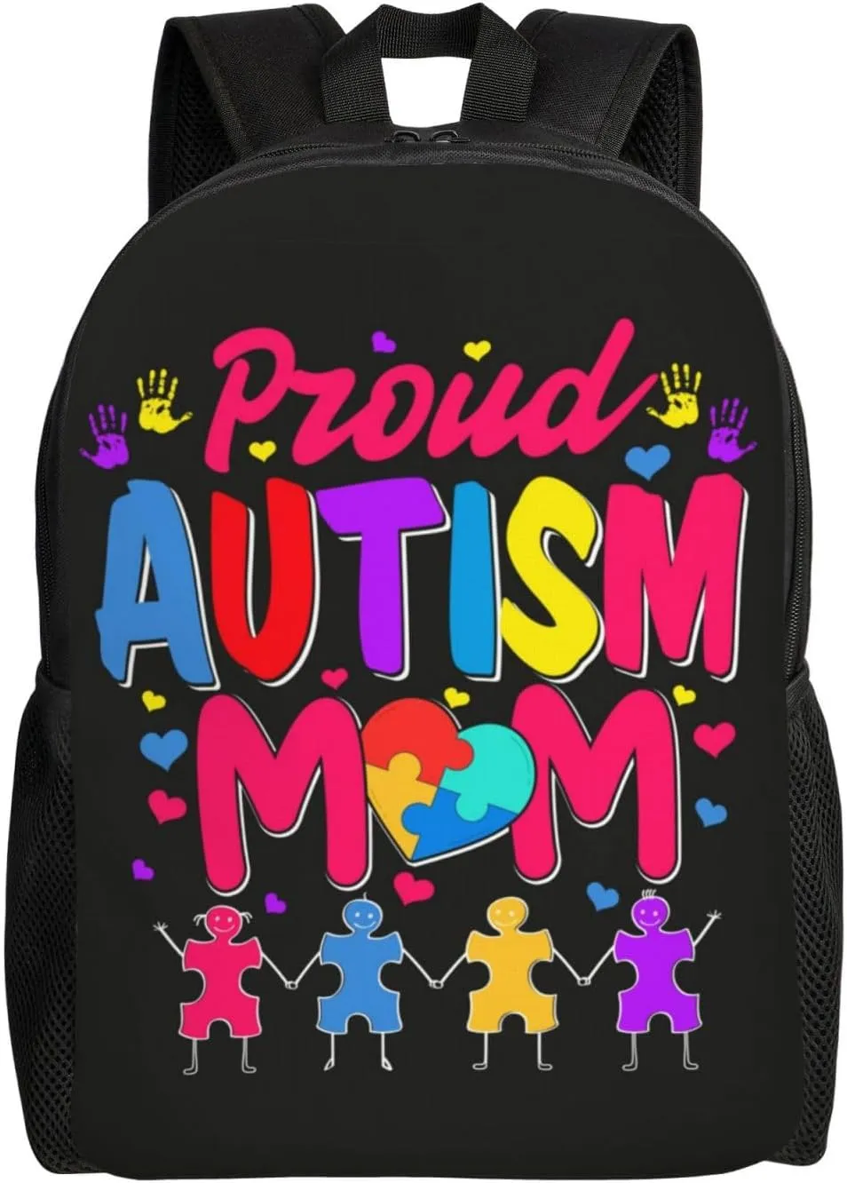 Proud Mom Autism Awareness Month Backpack for Women Men Worker Teacher Business Travel Backpacks Shoulders Bag Daypack Bookbag with Mesh Pockets