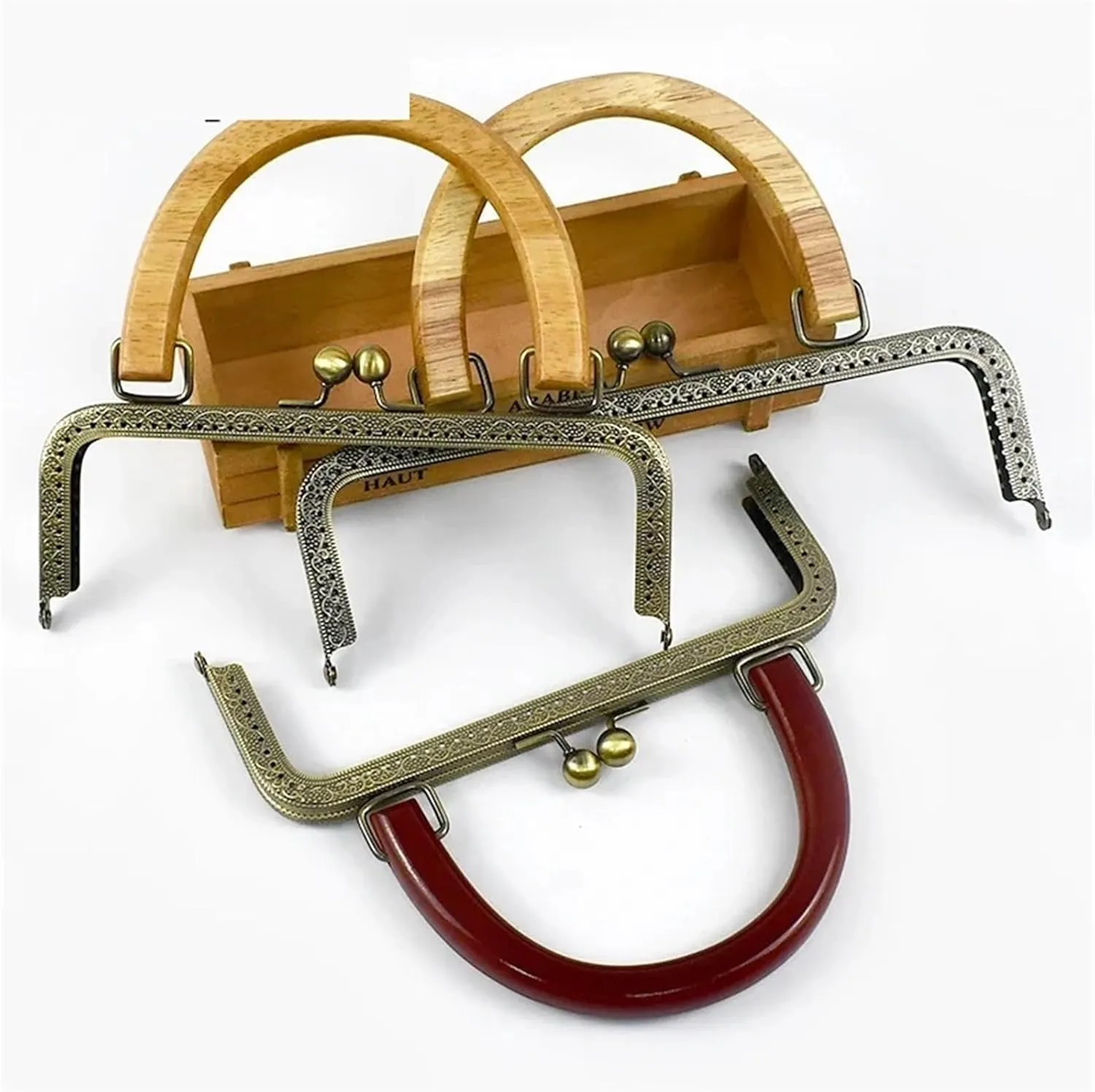 Purse Clasp 20/25cm Metal Square Kiss Clasp Handles Embossed/Smooth Purse Frames Wooden Handle Bags Brackets Wallet Framework(20cm-A)