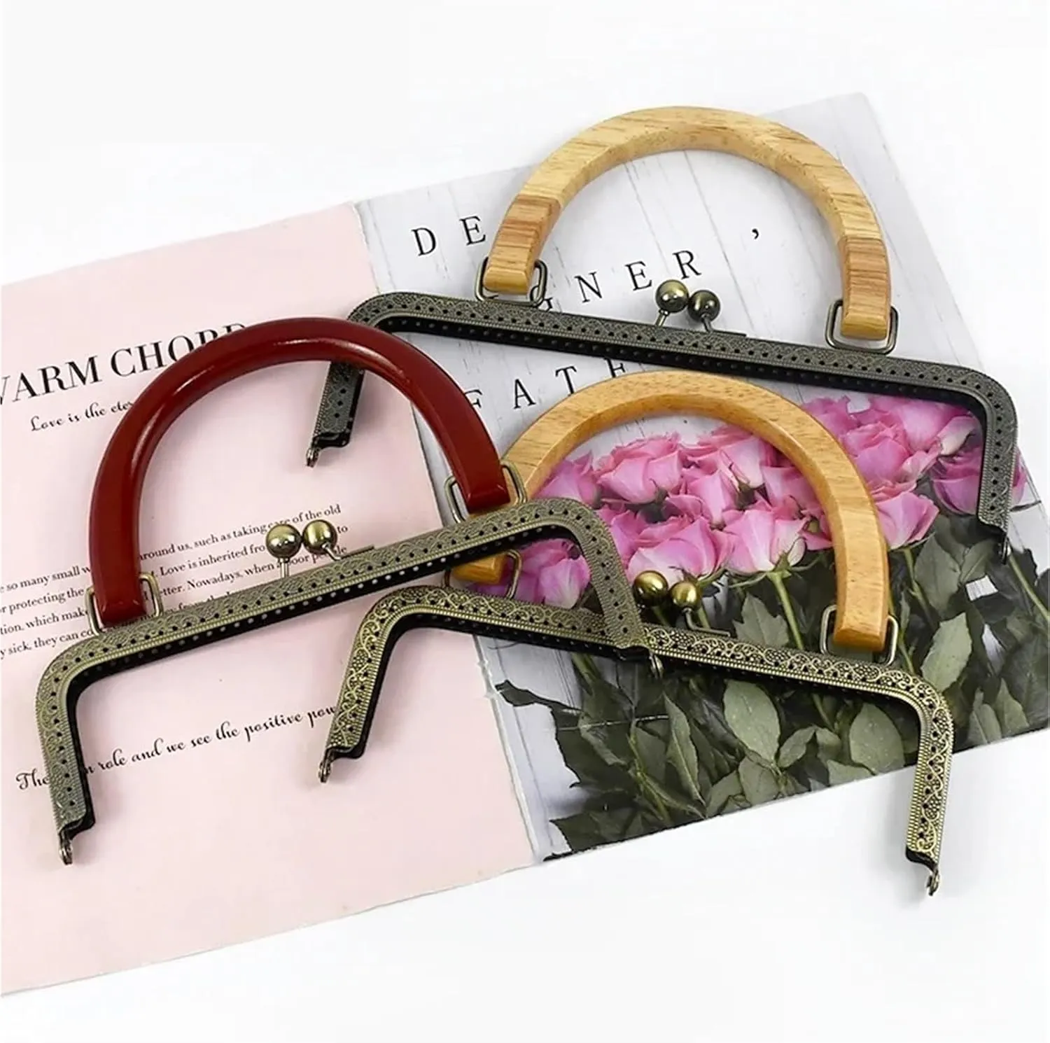 Purse Clasp 20/25cm Metal Square Kiss Clasp Handles Embossed/Smooth Purse Frames Wooden Handle Bags Brackets Wallet Framework(20cm-A)