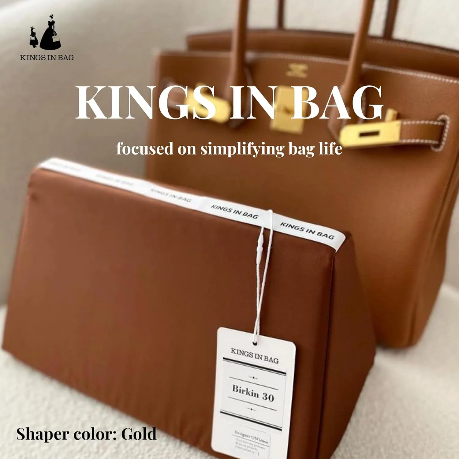 Purse Handbag Shaper Pillow Insert for Tote Bags, Luxury Bag Shaper with Lightweight Silk, Fits for Birkin 25/30/35 bags, Soft Memory Foam Inner(Gold, BK30)