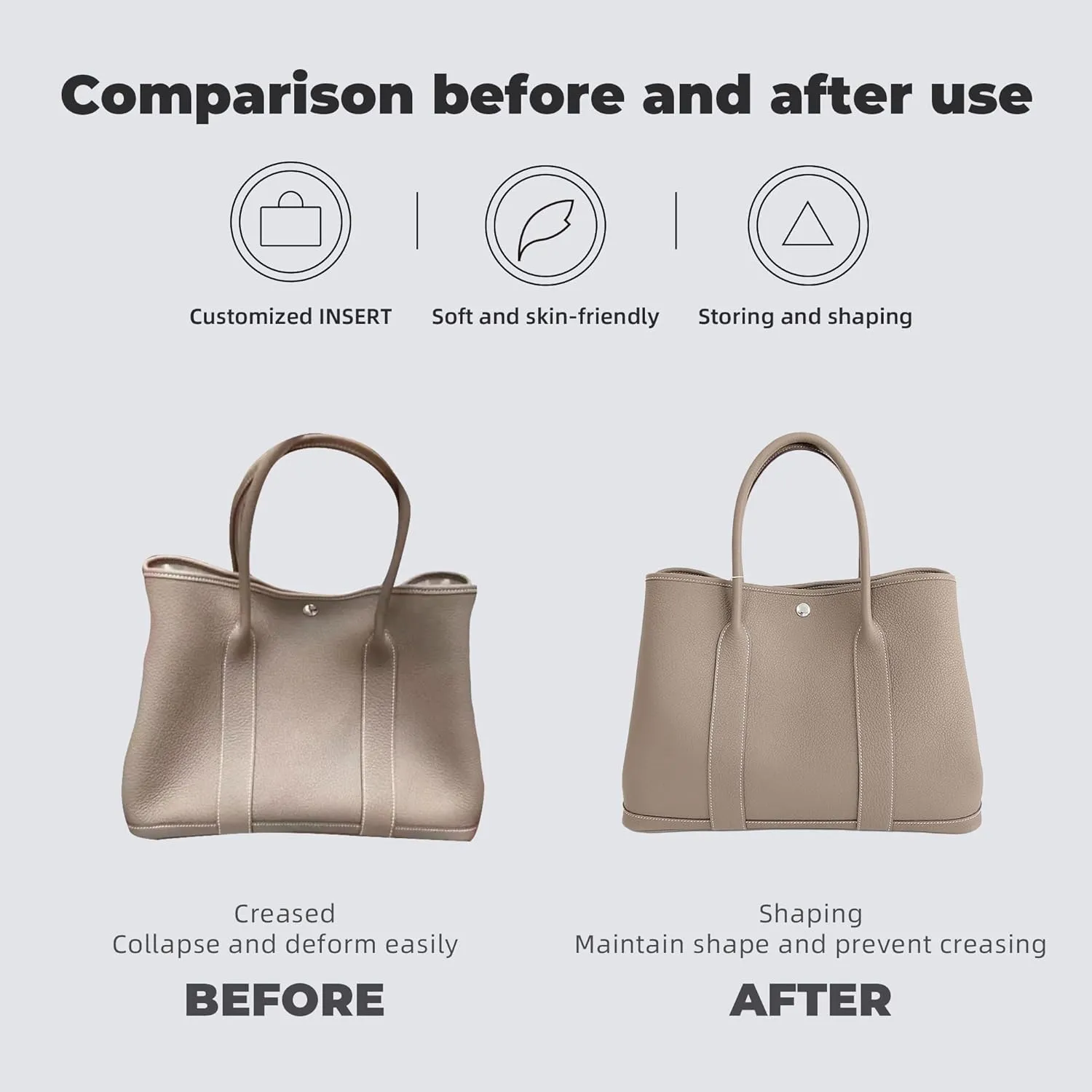 Purse Handbag Silky Organizer Insert Keep Bag Shape Fits Garden Party 26/30/36/49 Bags, Luxury Handbag Tote Lightweight Sturdy(GP 36,Etoupe grey)