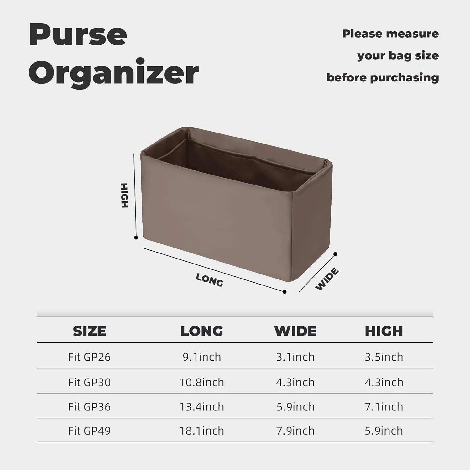 Purse Handbag Silky Organizer Insert Keep Bag Shape Fits Garden Party 26/30/36/49 Bags, Luxury Handbag Tote Lightweight Sturdy(GP 36,Etoupe grey)