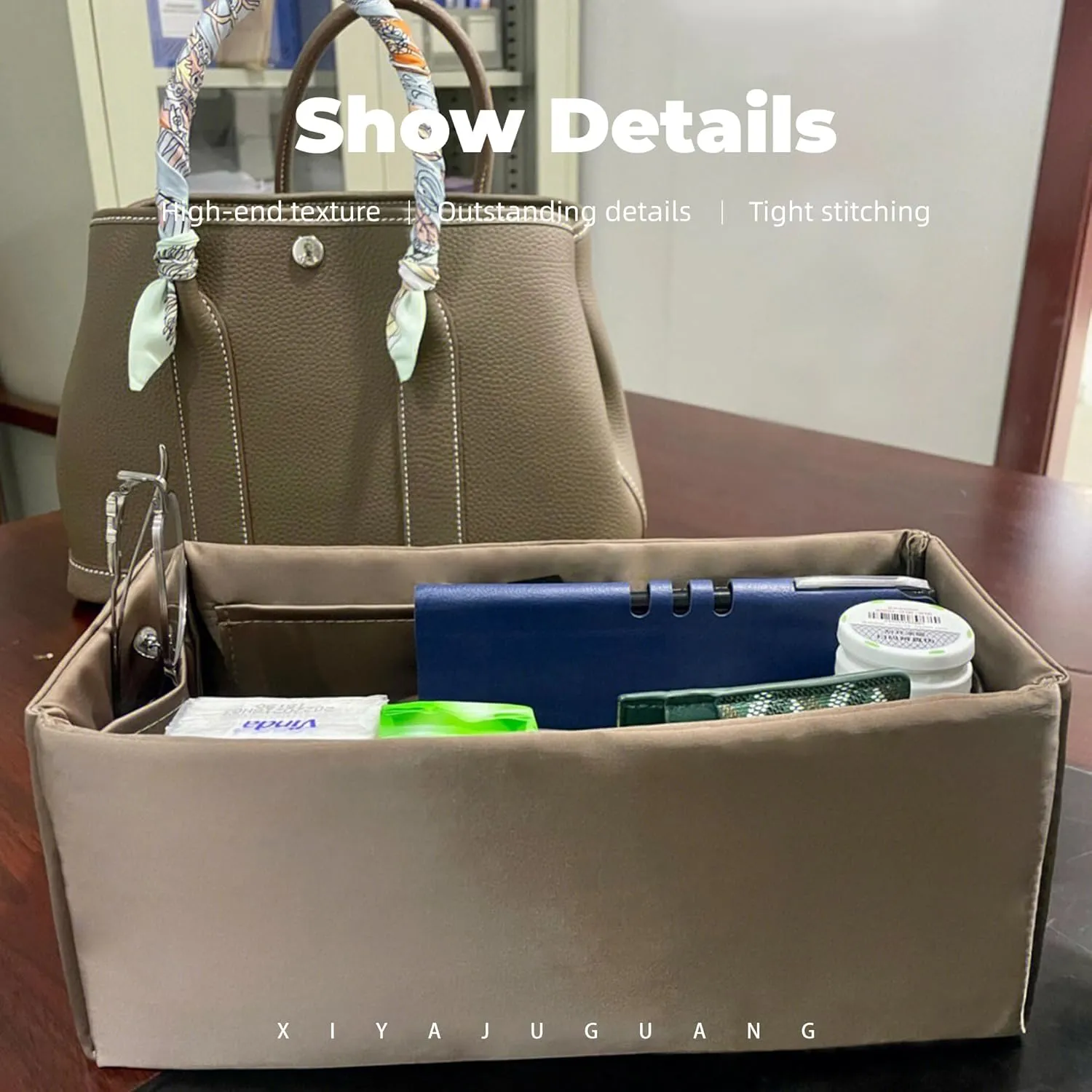 Purse Handbag Silky Organizer Insert Keep Bag Shape Fits Garden Party 26/30/36/49 Bags, Luxury Handbag Tote Lightweight Sturdy(GP 36,Etoupe grey)