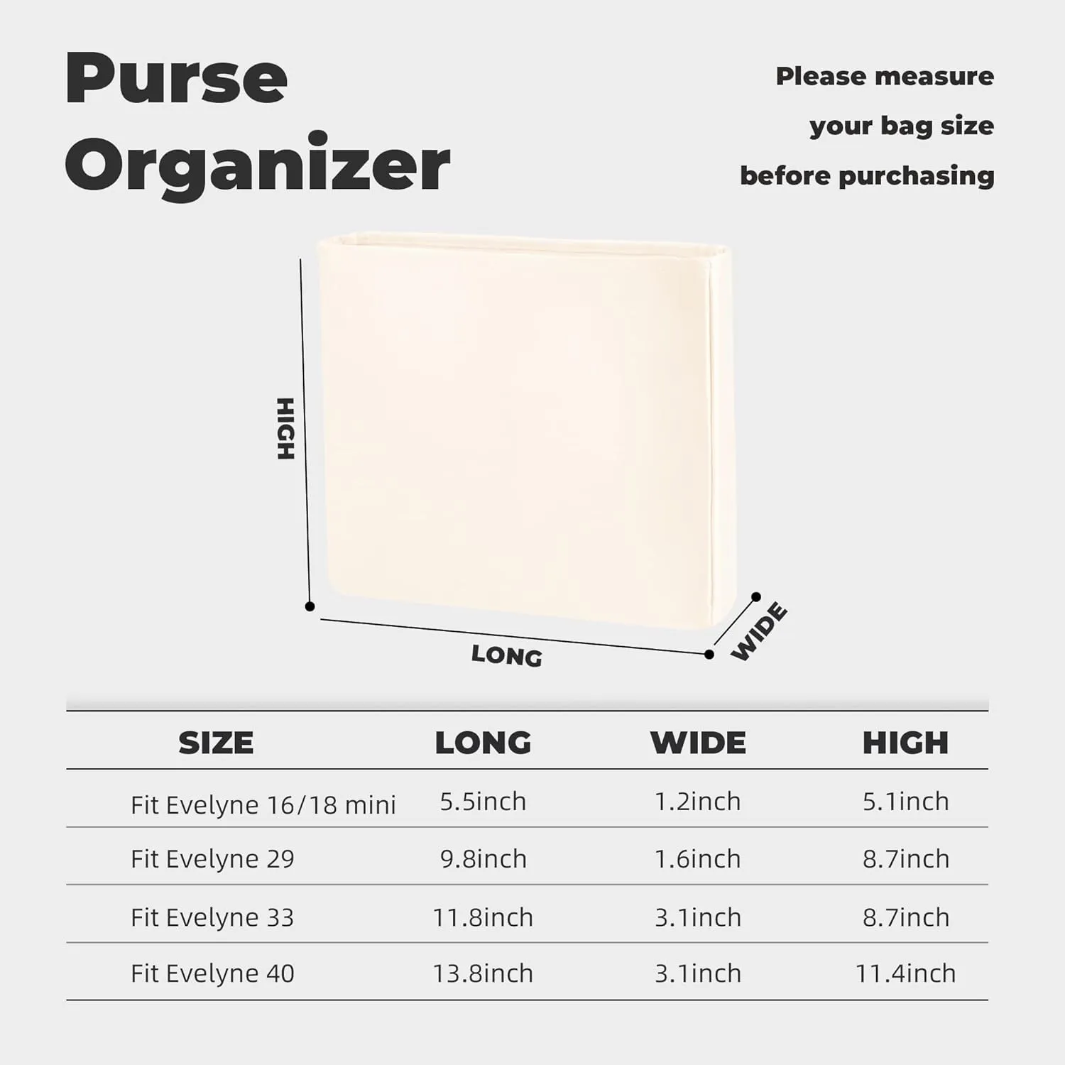 Purse Handbag Silky Organizer Insert Keep Bag Shape Fits Herme Evelyne Mini/29/33/40 bags, Luxury Handbag Tote Lightweight Sturdy(Evelyne 29,Craie)