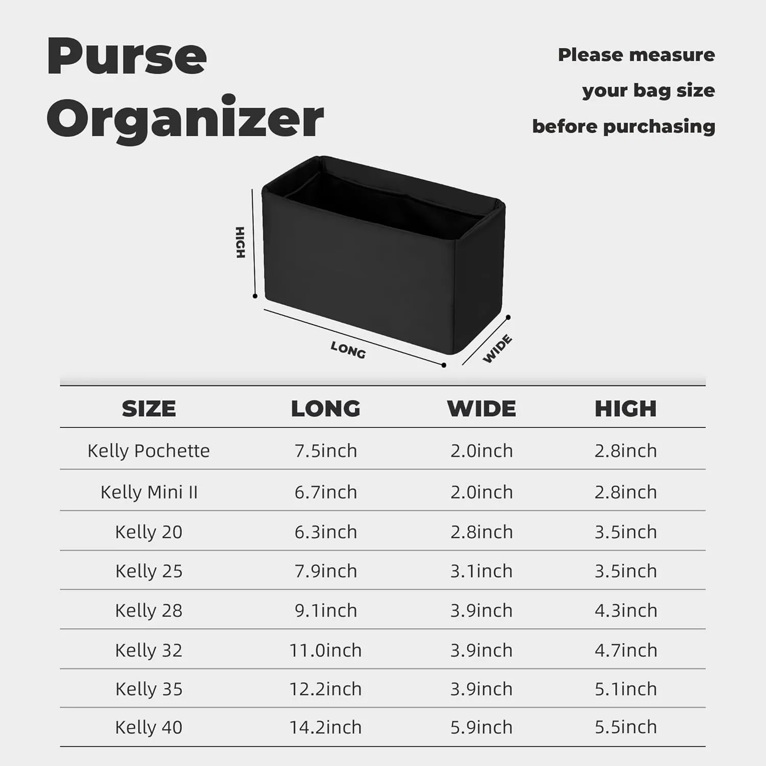 Purse Handbag Silky Organizer Insert Keep Bag Shape Fits Herme Kelly Pochette/Mini/20/25/32/35/40 bags, Luxury Handbag Tote Lightweight Sturdy(Kelly 28,Black)