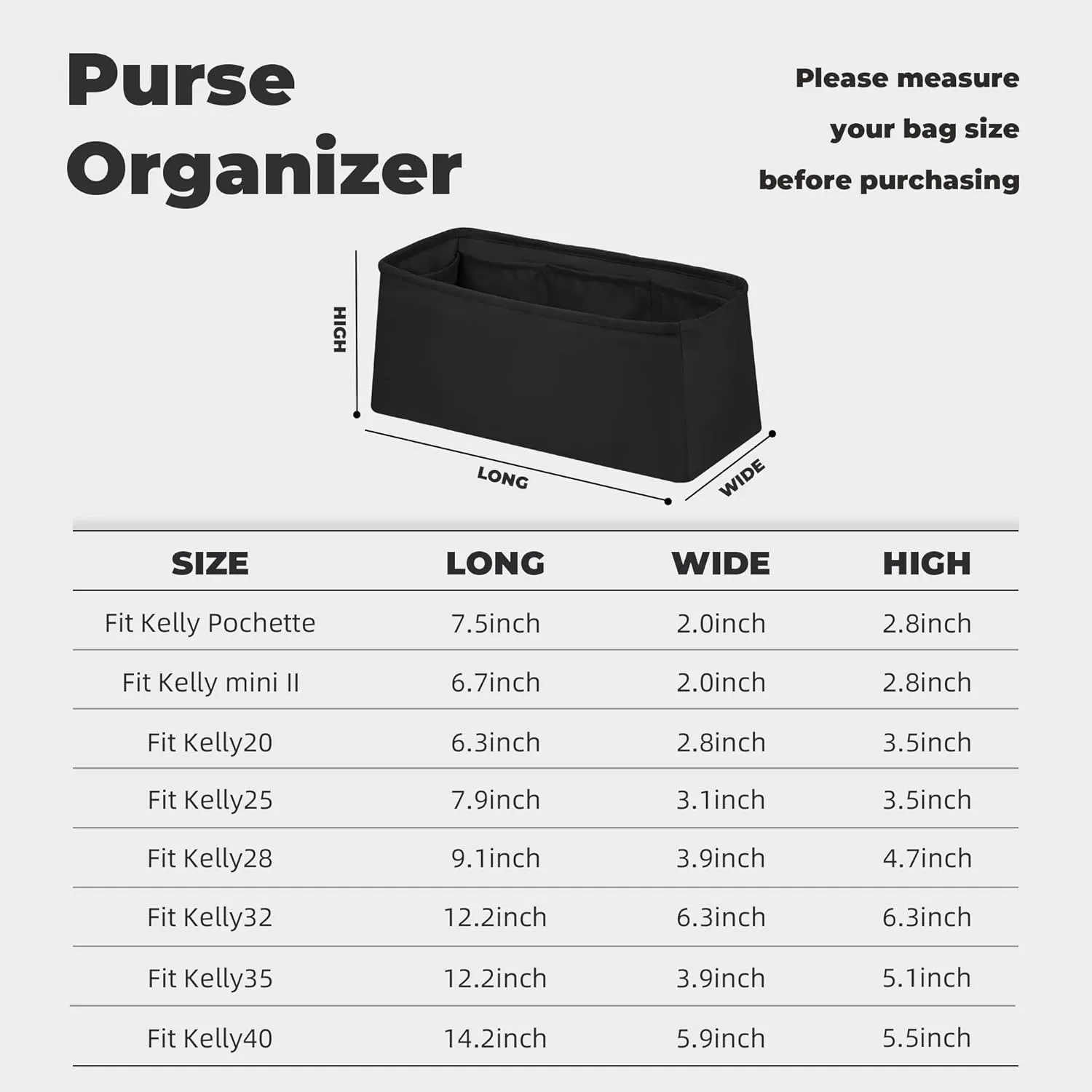 Purse Handbag Silky Organizer Insert Keep Bag Shape Fits Herme Kelly Pochette/Mini/20/25/32/35/40 bags, Luxury Handbag Tote Lightweight Sturdy(Kelly Pochette,Black)