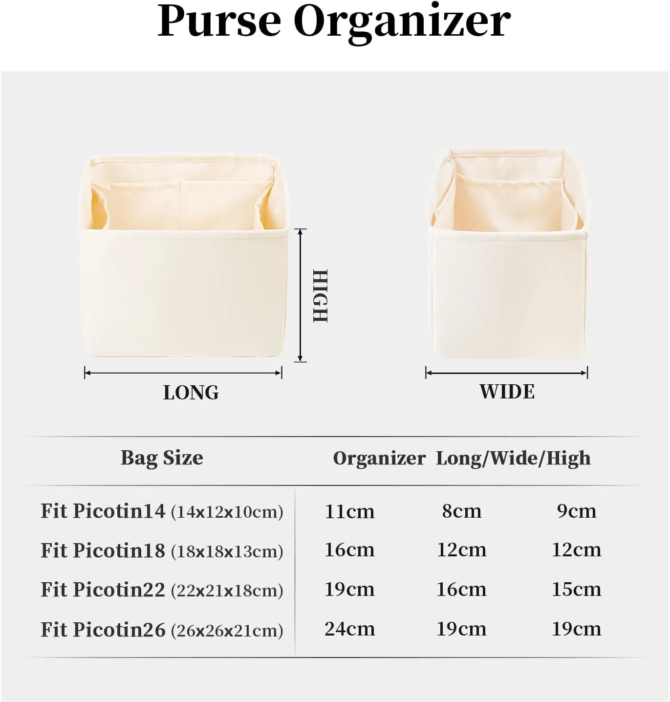 Purse Organizer Insert for Picotin 18/22, Satin Bag Organizer for Picotin Bags, Lightweight Purse Essentials for Women Luxury Handbags, Soft Touch Inner Liner with Multiple Pockets (Craie, PC22)