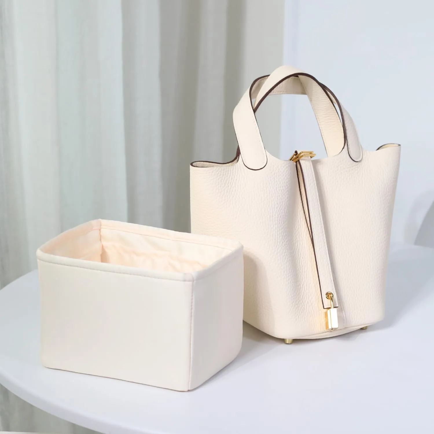 Purse Organizer Insert for Picotin 18/22, Satin Bag Organizer for Picotin Bags, Lightweight Purse Essentials for Women Luxury Handbags, Soft Touch Inner Liner with Multiple Pockets (Craie, PC22)