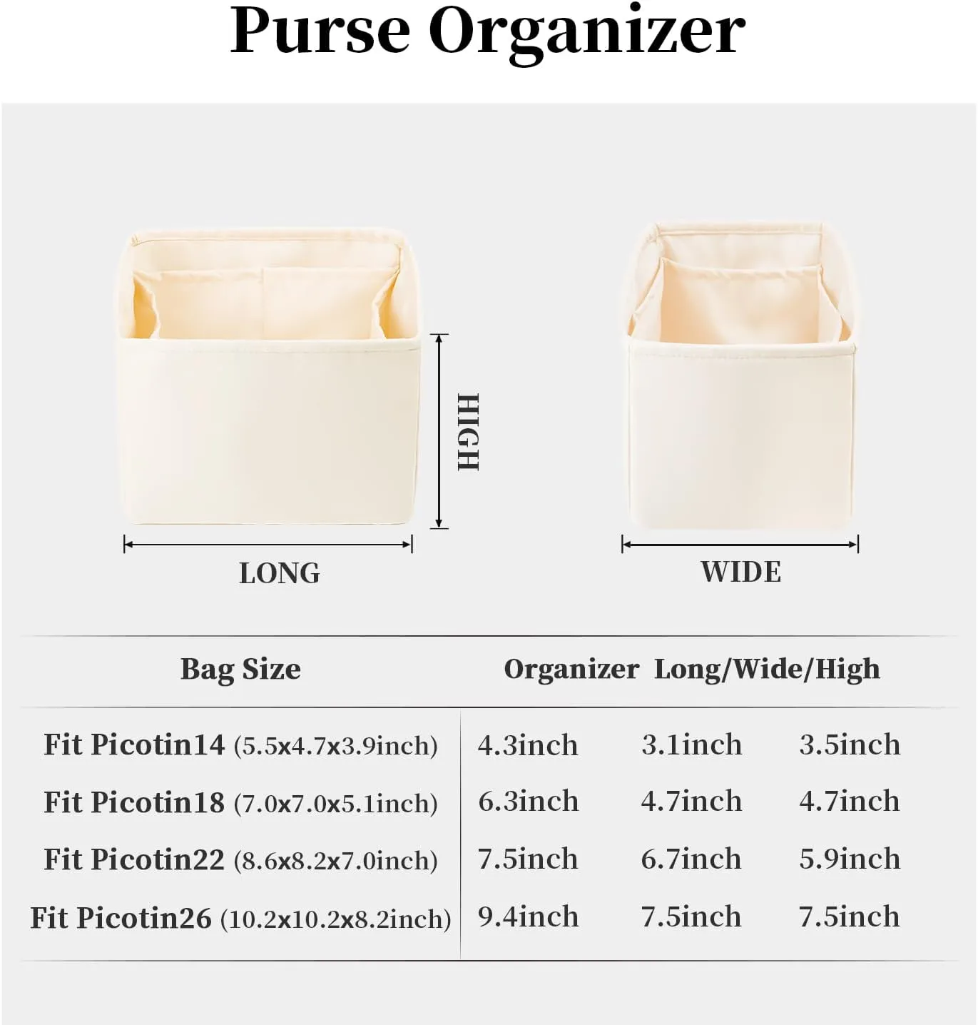 Purse Organizer Insert for Picotin 18/22, Satin Bag Organizer for Picotin Bags, Lightweight Purse Essentials for Women Luxury Handbags, Soft Touch Inner Liner with Multiple Pockets (Craie, PC22)