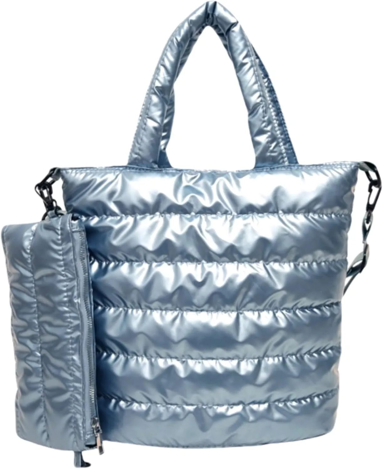 Quilted Metallic Lightweight Crossbody North South Tote Detachable Small Pouch, Puffer Bag Adjustable Strap, Shoulder Bag