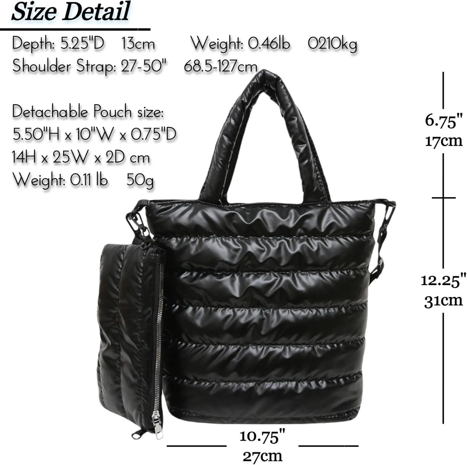 Quilted Metallic Lightweight Crossbody North South Tote Detachable Small Pouch, Puffer Bag Adjustable Strap, Shoulder Bag