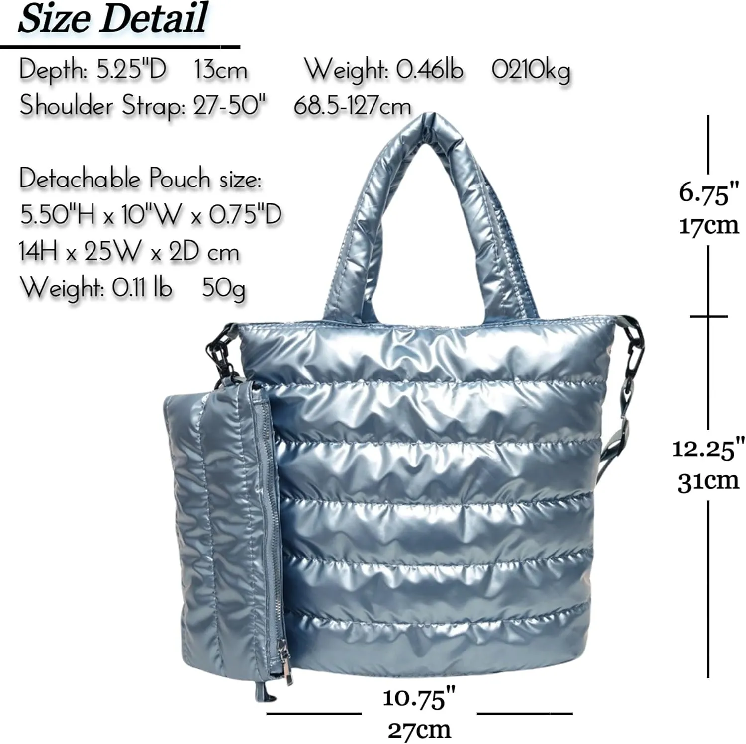 Quilted Metallic Lightweight Crossbody North South Tote Detachable Small Pouch, Puffer Bag Adjustable Strap, Shoulder Bag