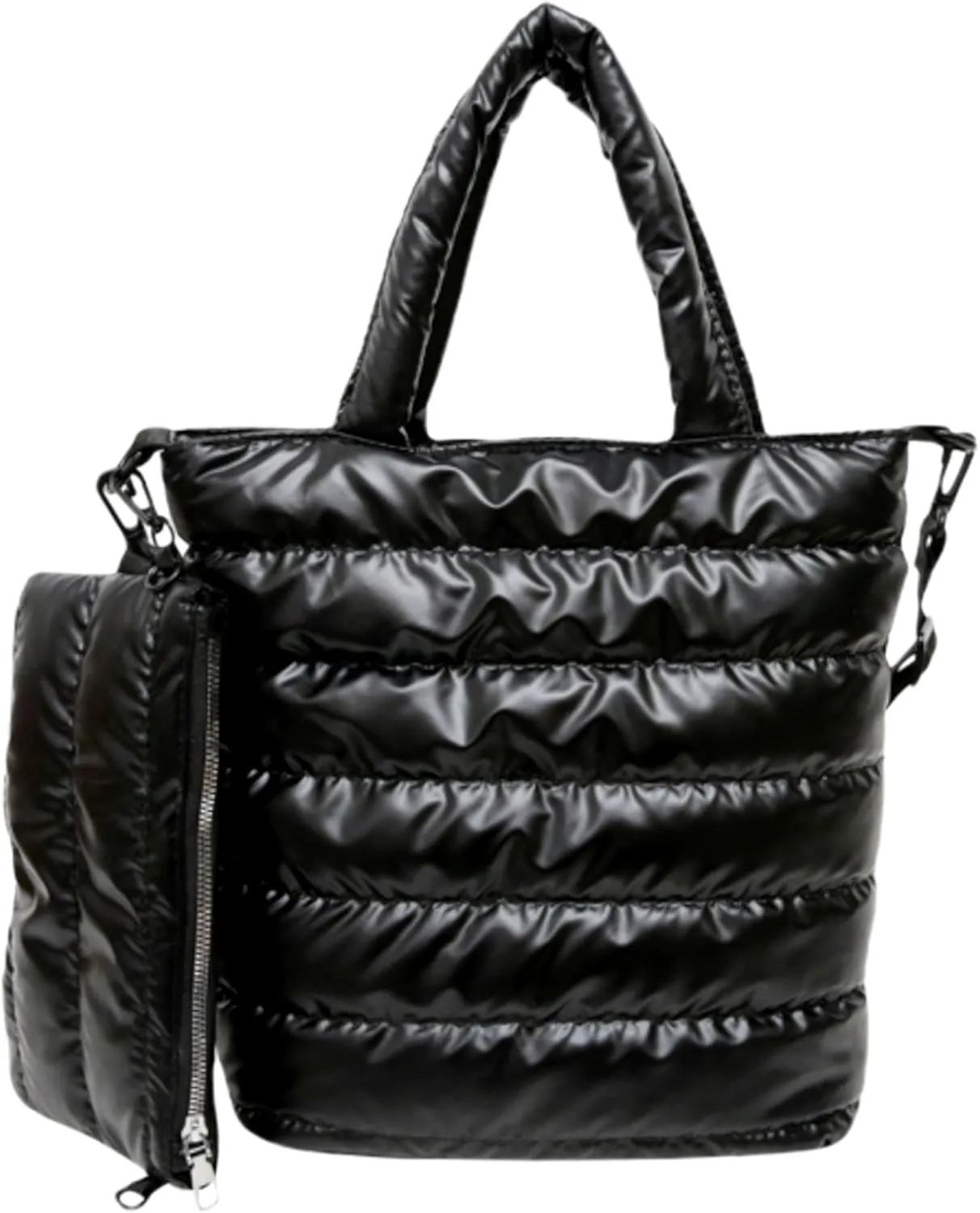 Quilted Metallic Lightweight Crossbody North South Tote Detachable Small Pouch, Puffer Bag Adjustable Strap, Shoulder Bag