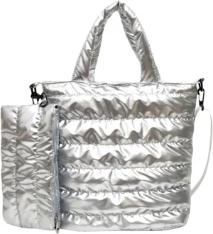 Quilted Metallic Lightweight Crossbody North South Tote Detachable Small Pouch, Puffer Bag Adjustable Strap, Shoulder Bag