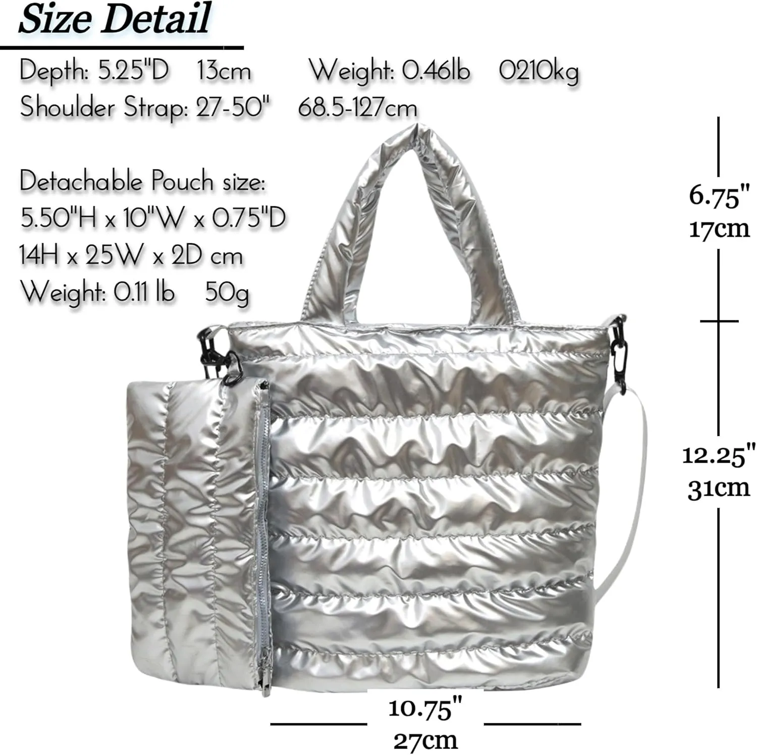 Quilted Metallic Lightweight Crossbody North South Tote Detachable Small Pouch, Puffer Bag Adjustable Strap, Shoulder Bag