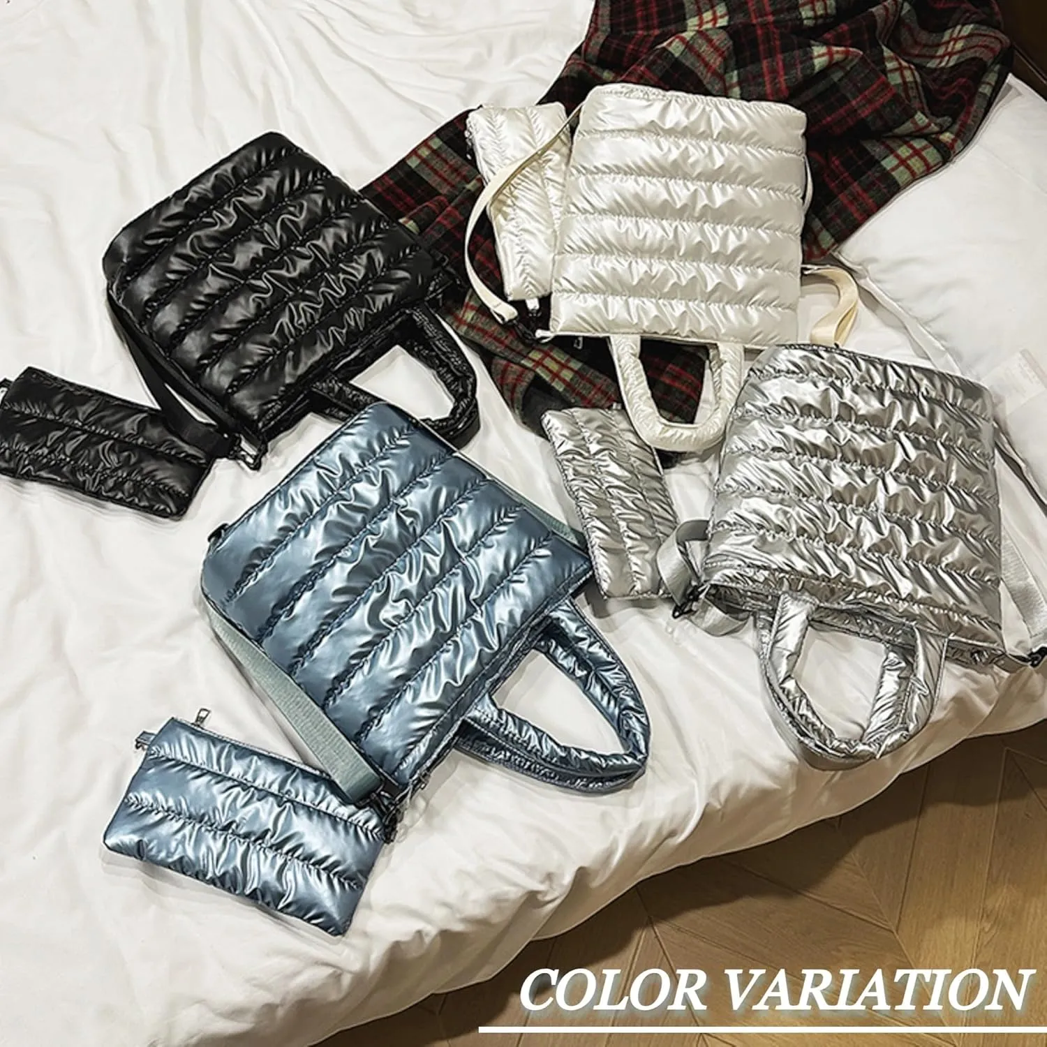 Quilted Metallic Lightweight Crossbody North South Tote Detachable Small Pouch, Puffer Bag Adjustable Strap, Shoulder Bag
