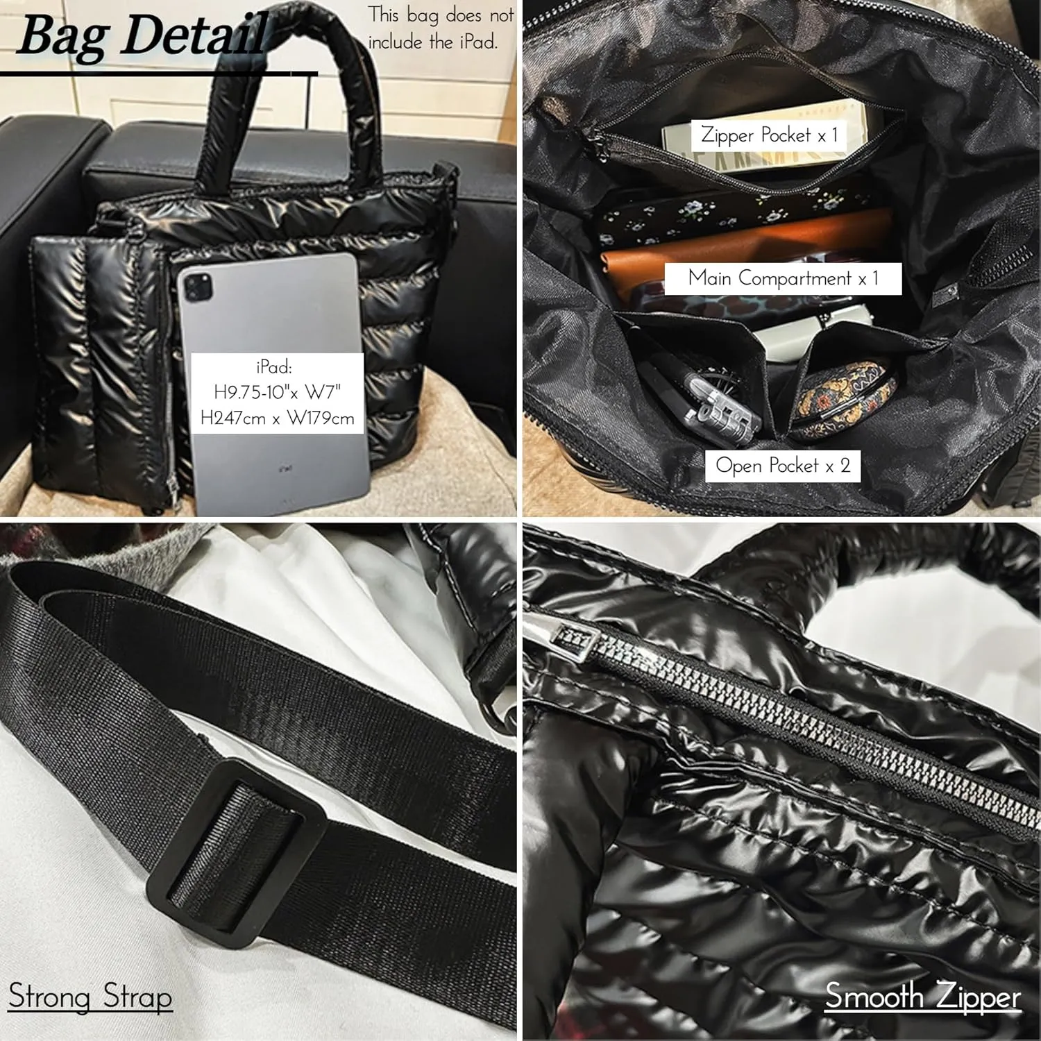 Quilted Metallic Lightweight Crossbody North South Tote Detachable Small Pouch, Puffer Bag Adjustable Strap, Shoulder Bag