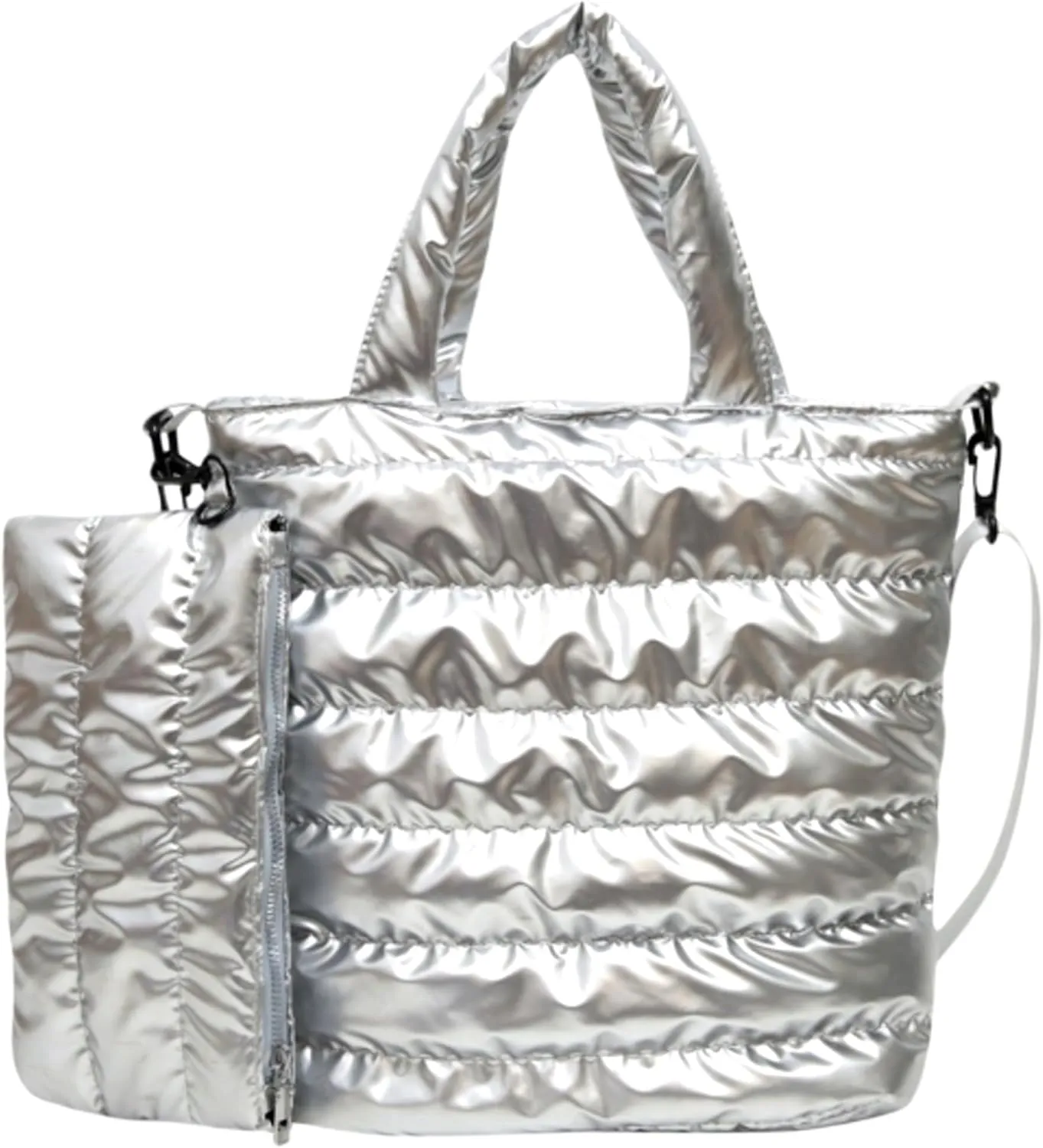 Quilted Metallic Lightweight Crossbody North South Tote Detachable Small Pouch, Puffer Bag Adjustable Strap, Shoulder Bag
