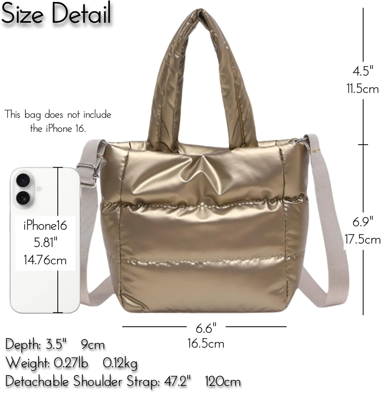 Quilted Metallic Lightweight Phone Crossbody Purse, Puffer Small Tote Bag Soft Padded Adjustable Strap, Women Shoulder Bag