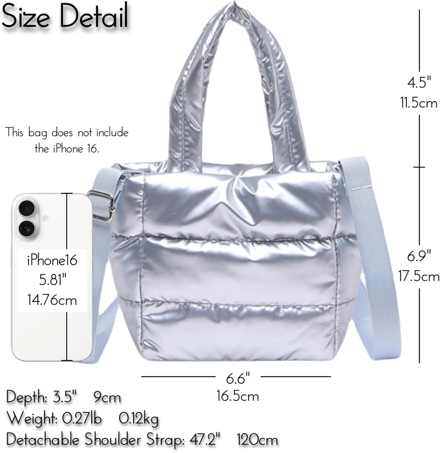 Quilted Metallic Lightweight Phone Crossbody Purse, Puffer Small Tote Bag Soft Padded Adjustable Strap, Women Shoulder Bag
