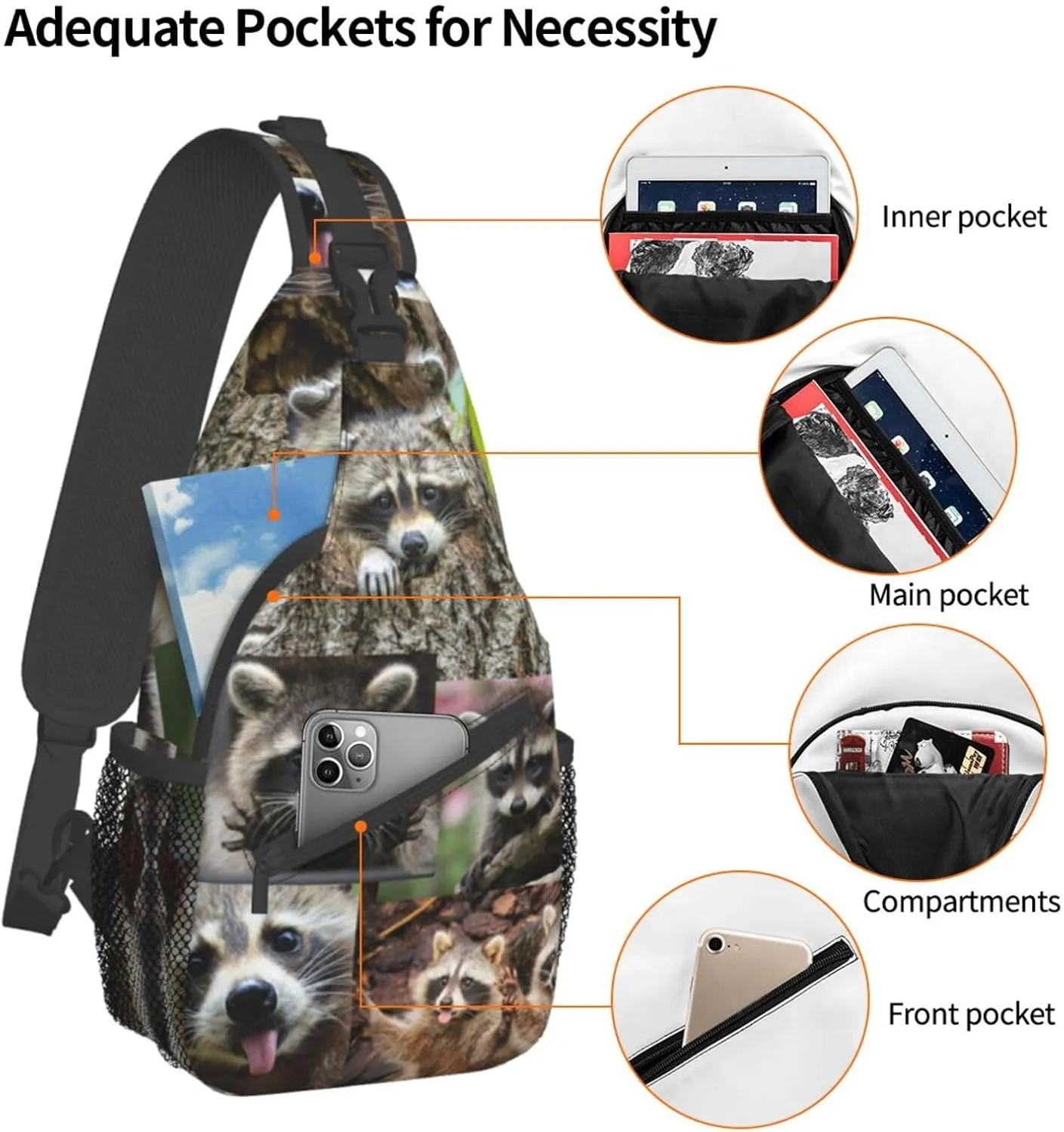 Raccoon Sling Bag Cute Crossbody Chest Daypack Casual Backpack Animal Shoulder Bag Cute Bag