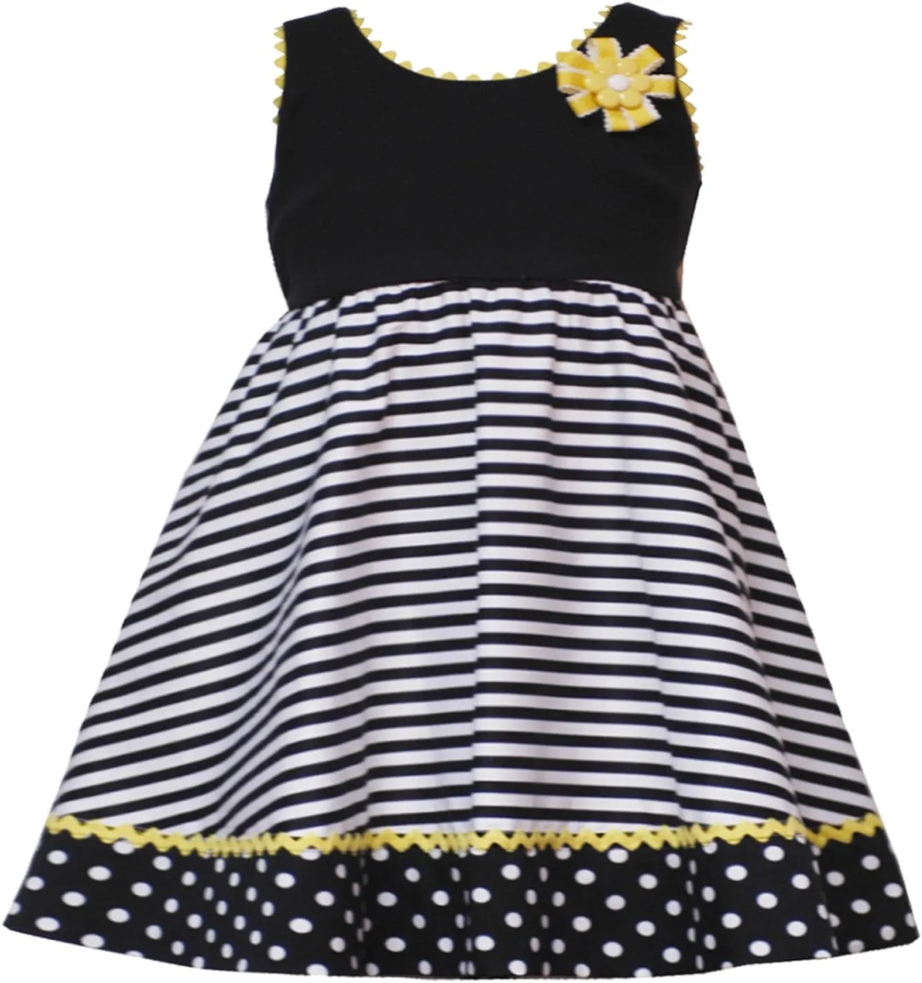 Rare Editions Girls 2T-4T Black White Yellow Stripes and Dots Knit Dress