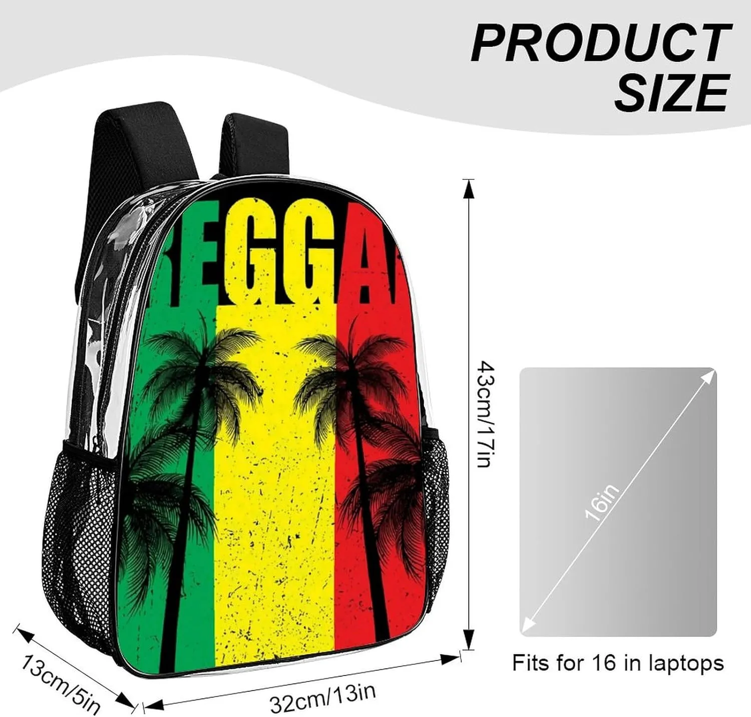 Rasta Reggae Flag Jamaican Palm Tree Vacation Clear Backpacks PVC Transparent Laptop Backpack Multipurpose Double Shoulder Bag for Men Women Gifts