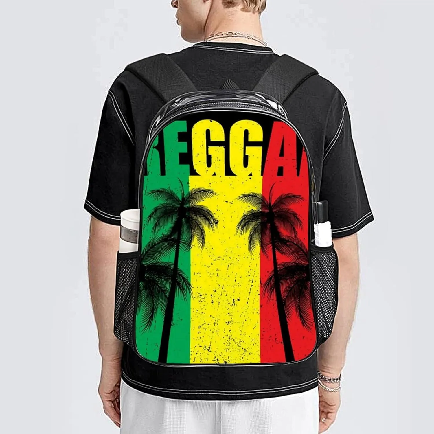 Rasta Reggae Flag Jamaican Palm Tree Vacation Clear Backpacks PVC Transparent Laptop Backpack Multipurpose Double Shoulder Bag for Men Women Gifts