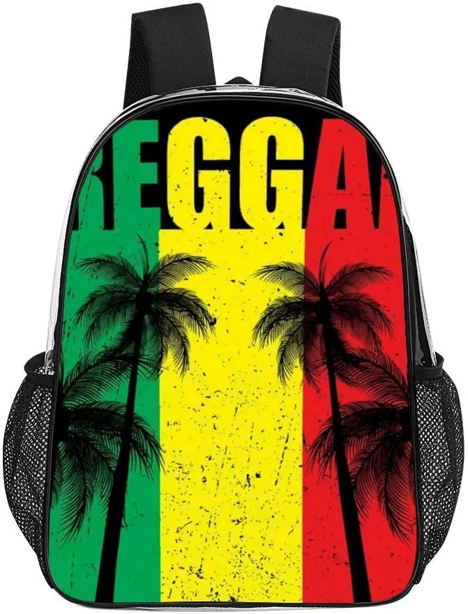 Rasta Reggae Flag Jamaican Palm Tree Vacation Clear Backpacks PVC Transparent Laptop Backpack Multipurpose Double Shoulder Bag for Men Women Gifts