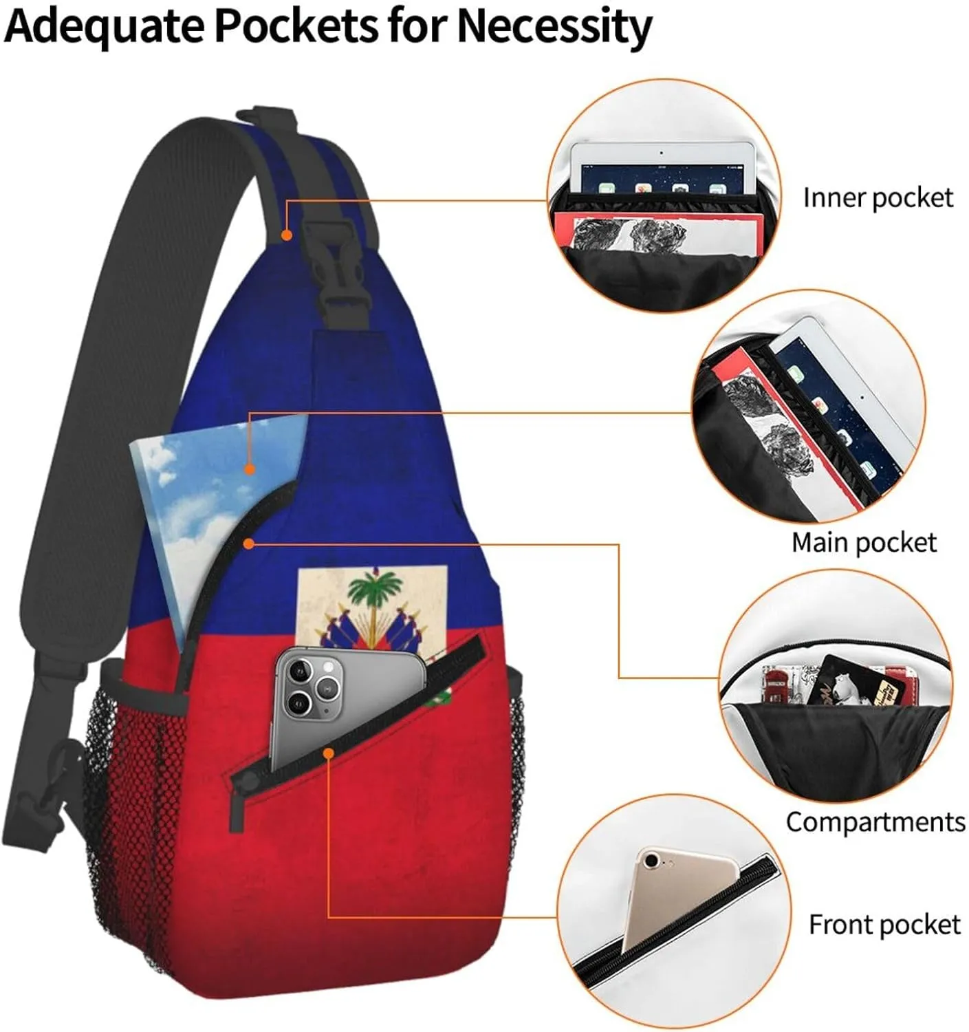Retro Haiti Flag Man Crossbody Chest Bag One Shoulder Strap Sling Backpack