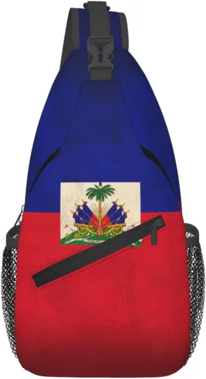 Retro Haiti Flag Man Crossbody Chest Bag One Shoulder Strap Sling Backpack