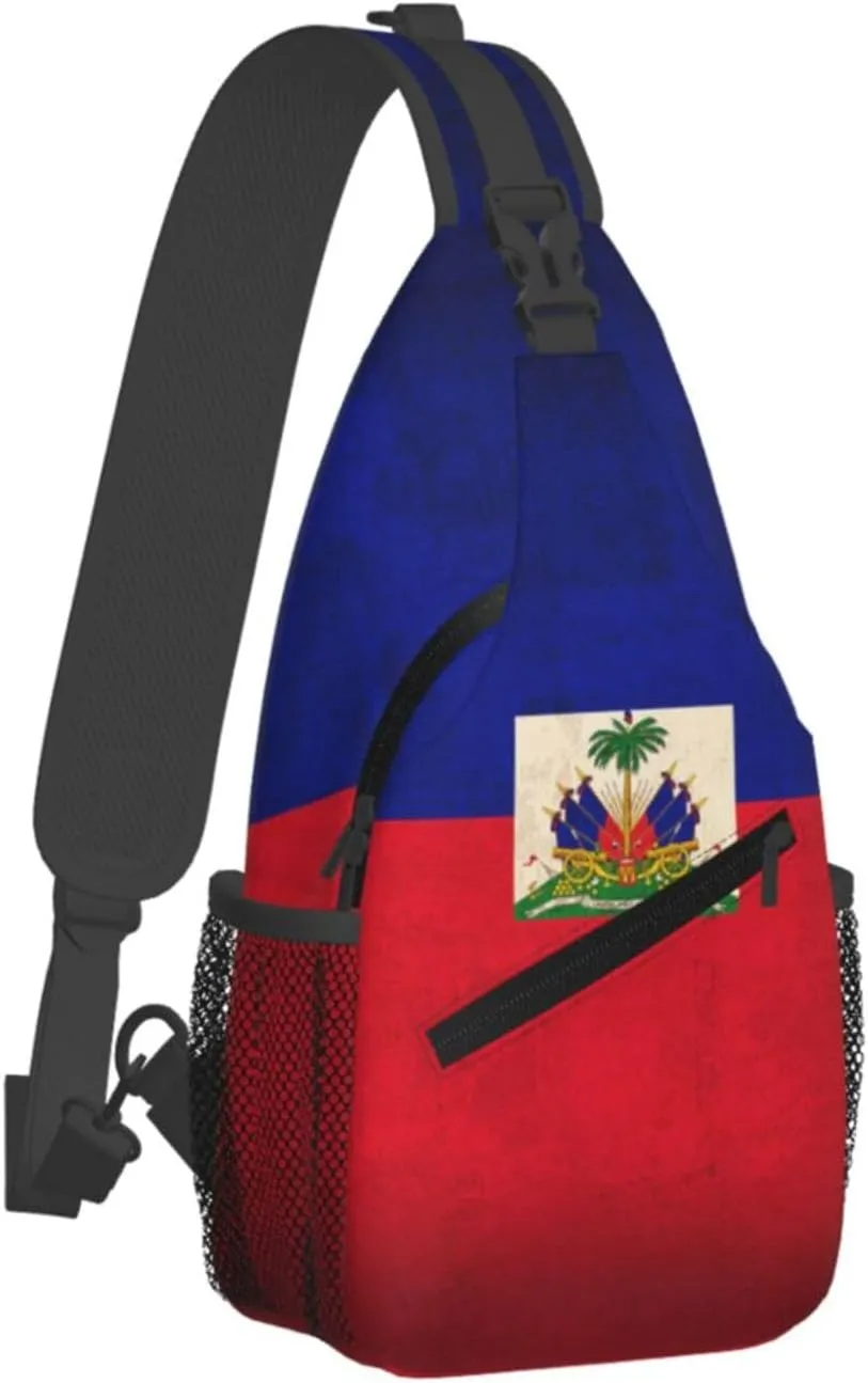 Retro Haiti Flag Man Crossbody Chest Bag One Shoulder Strap Sling Backpack