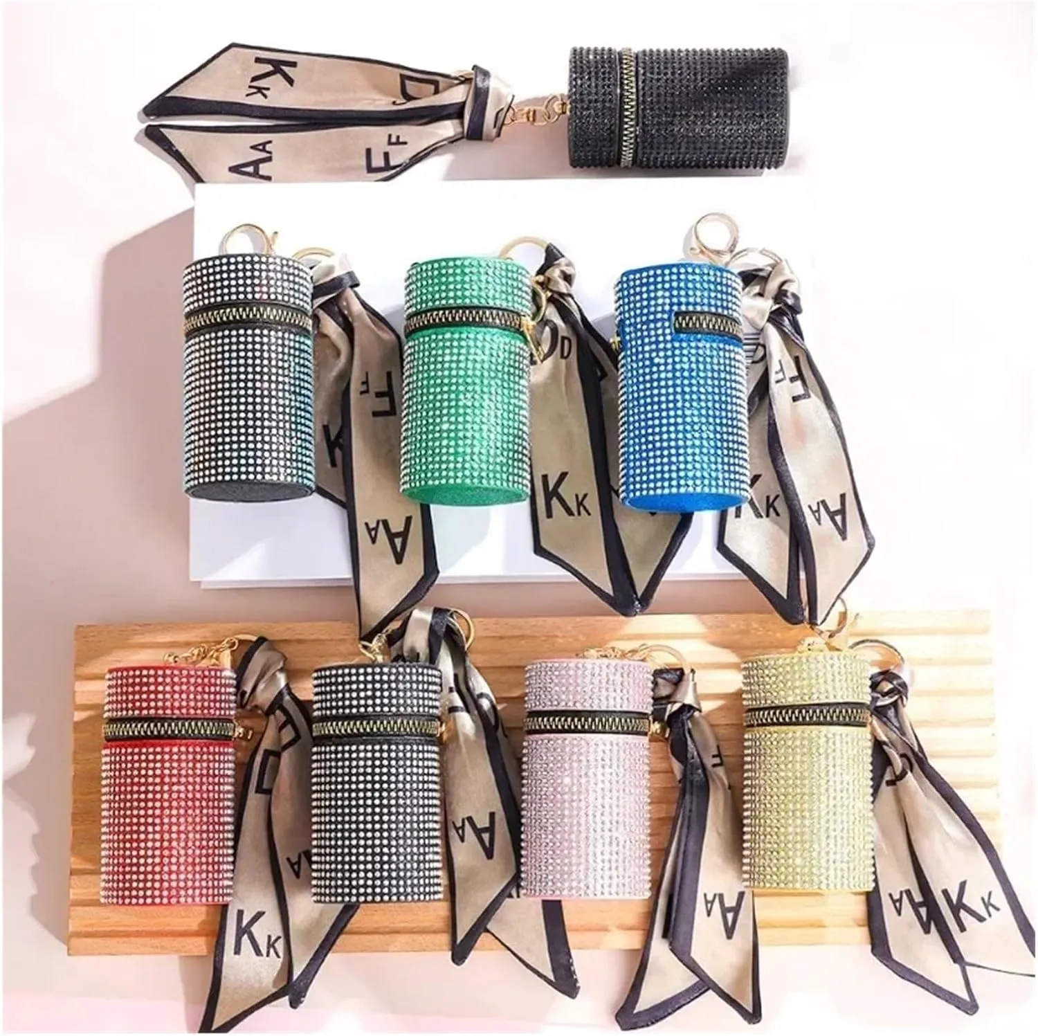 Rhinestone Bags Cylindrical Mini Rhinestone Lipstick Bag with Silk Scarf Keychain Women Portable Zipper Coin Purse Coin Bag(Red)