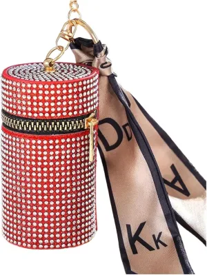 Rhinestone Bags Cylindrical Mini Rhinestone Lipstick Bag with Silk Scarf Keychain Women Portable Zipper Coin Purse Coin Bag(Red)