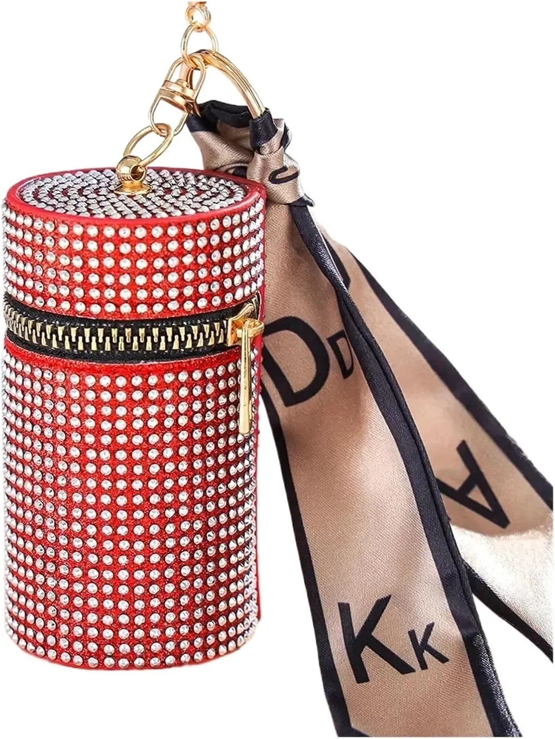Rhinestone Bags Cylindrical Mini Rhinestone Lipstick Bag with Silk Scarf Keychain Women Portable Zipper Coin Purse Coin Bag(Red)