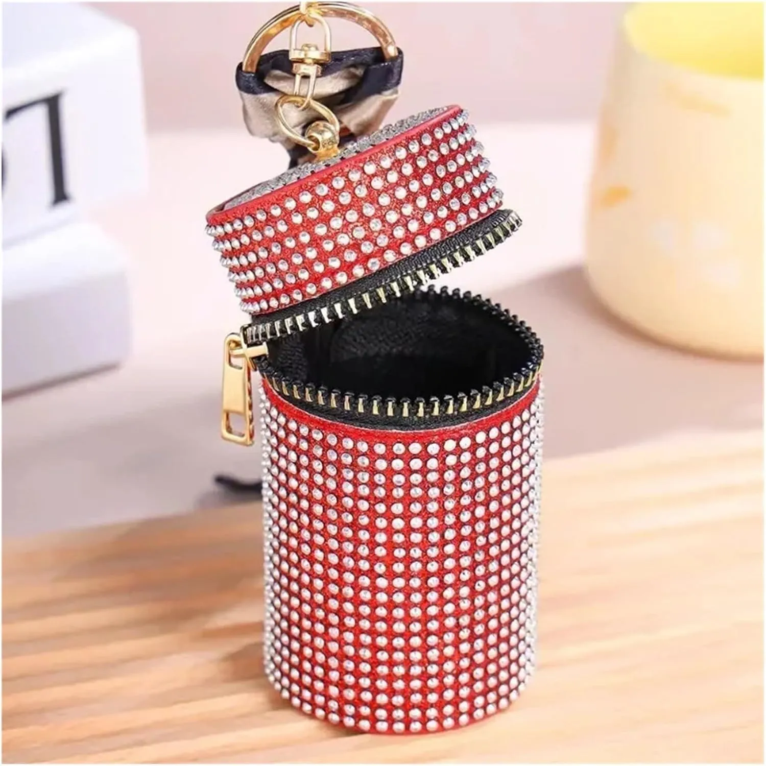 Rhinestone Bags Cylindrical Mini Rhinestone Lipstick Bag with Silk Scarf Keychain Women Portable Zipper Coin Purse Coin Bag(Red)