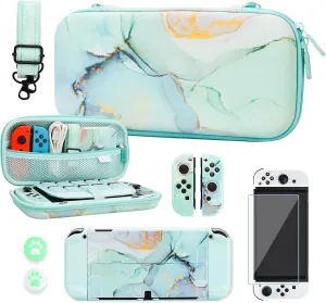 RHOTALL Portable Hard Shell Green Marble Travel Storage Case for Nintendo Switch OLED with Protective Case Cover, Screen Protector, Adjustable Shoulder Strap and 2 Thumb Caps