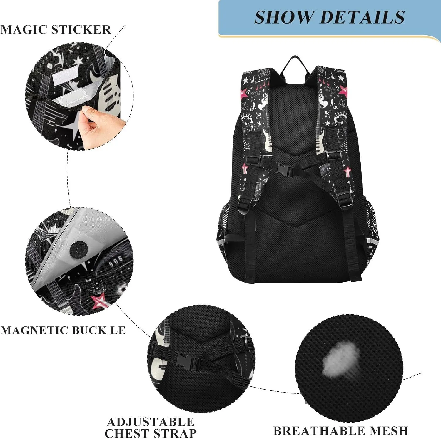 Rock and Roll Guitar School Backpack for Girls-Boys Elementary School Bookbag Daypack for Kids