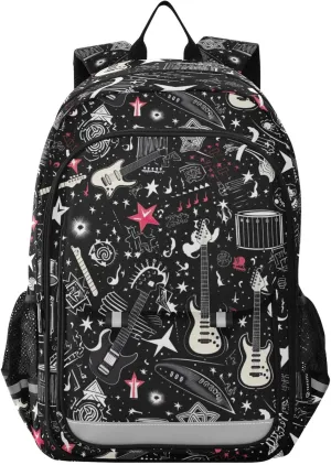 Rock and Roll Guitar School Backpack for Girls-Boys Elementary School Bookbag Daypack for Kids