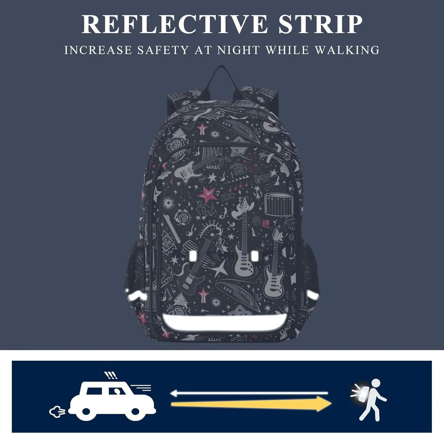 Rock and Roll Guitar School Backpack for Girls-Boys Elementary School Bookbag Daypack for Kids