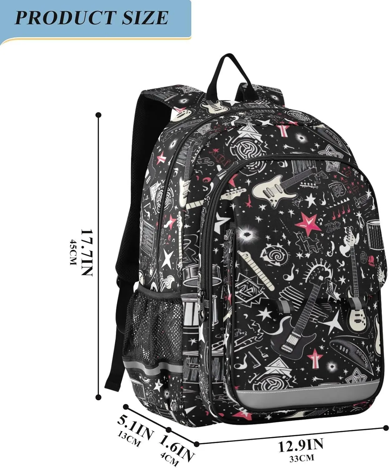 Rock and Roll Guitar School Backpack for Girls-Boys Elementary School Bookbag Daypack for Kids
